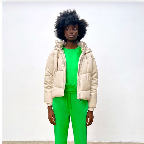 Zara Jackets & Coats Zara Cream Faux Leather Hooded Puffer Jacket